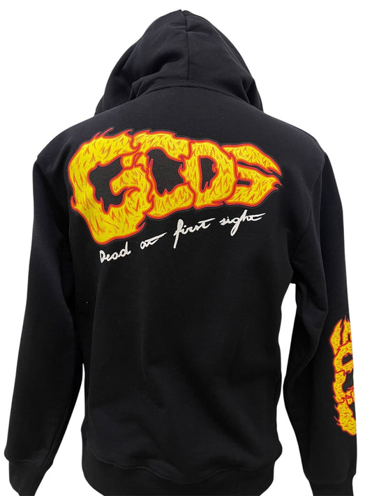 GCDS Felpa Hoodie Nera con Grafica Floreale e Logo Flame