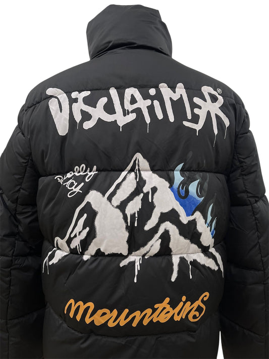 Disclaimer Piumino nero con stampa montagna
