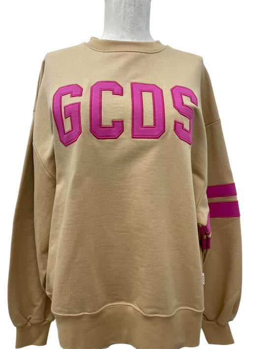 GCDS Felpa Beige con Logo Rosa e Bande su Manica