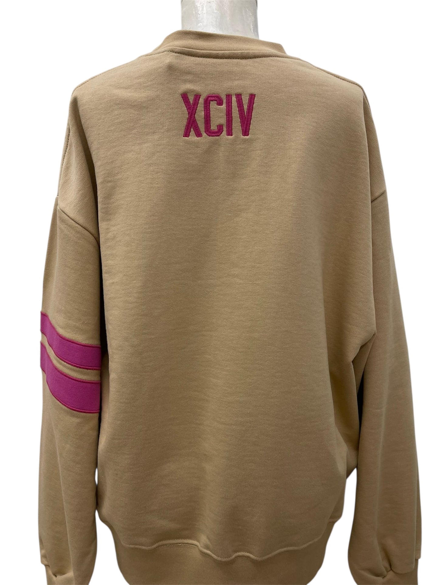 GCDS Felpa Beige con Logo Rosa e Bande su Manica