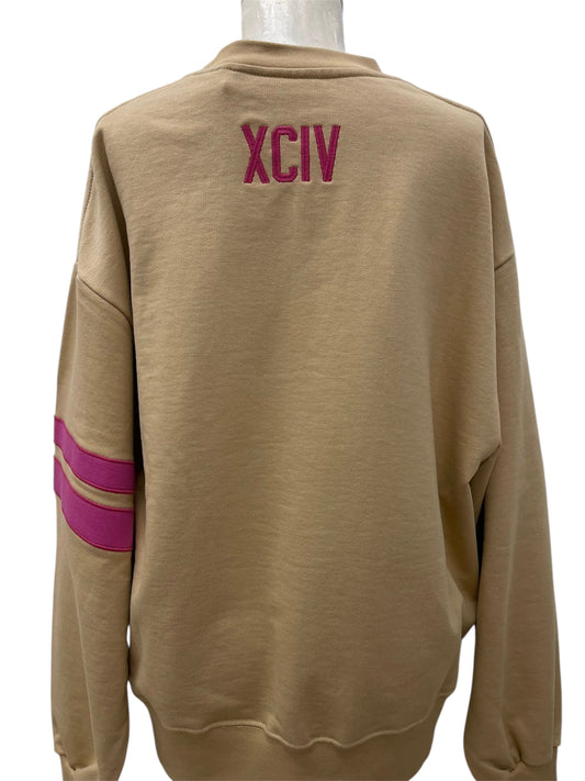GCDS Felpa Beige con Logo Rosa e Bande su Manica