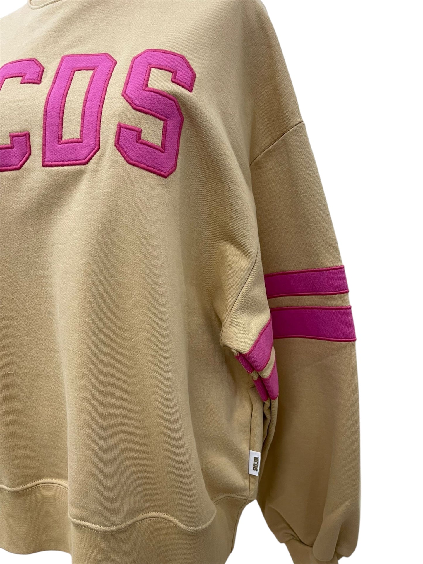 GCDS Felpa Beige con Logo Rosa e Bande su Manica