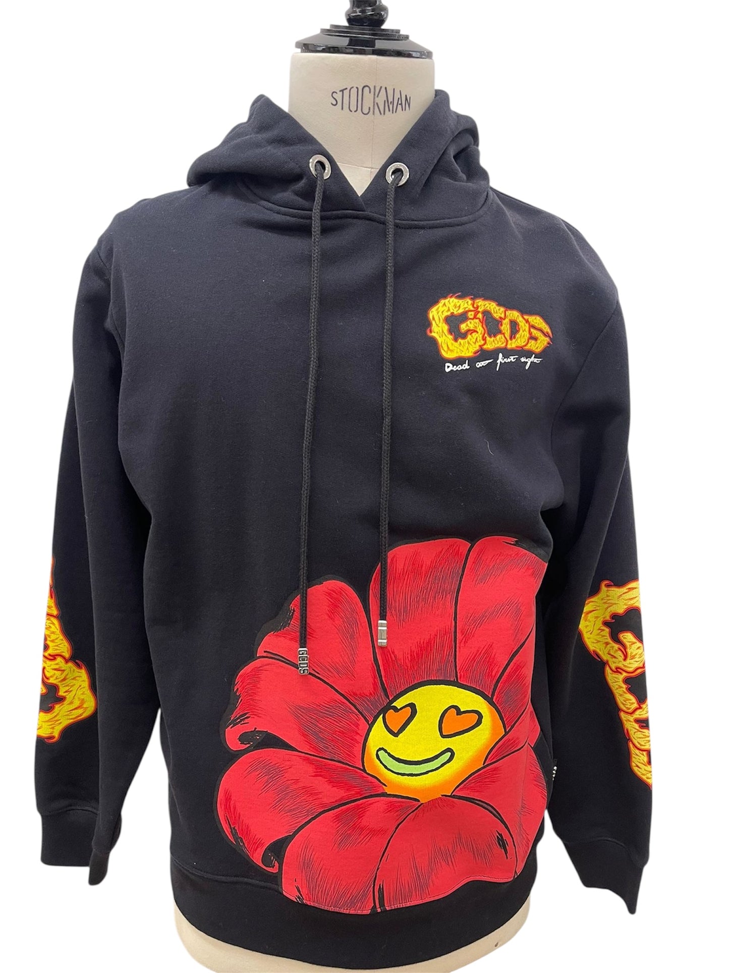 GCDS Felpa Hoodie Nera con Grafica Floreale e Logo Flame