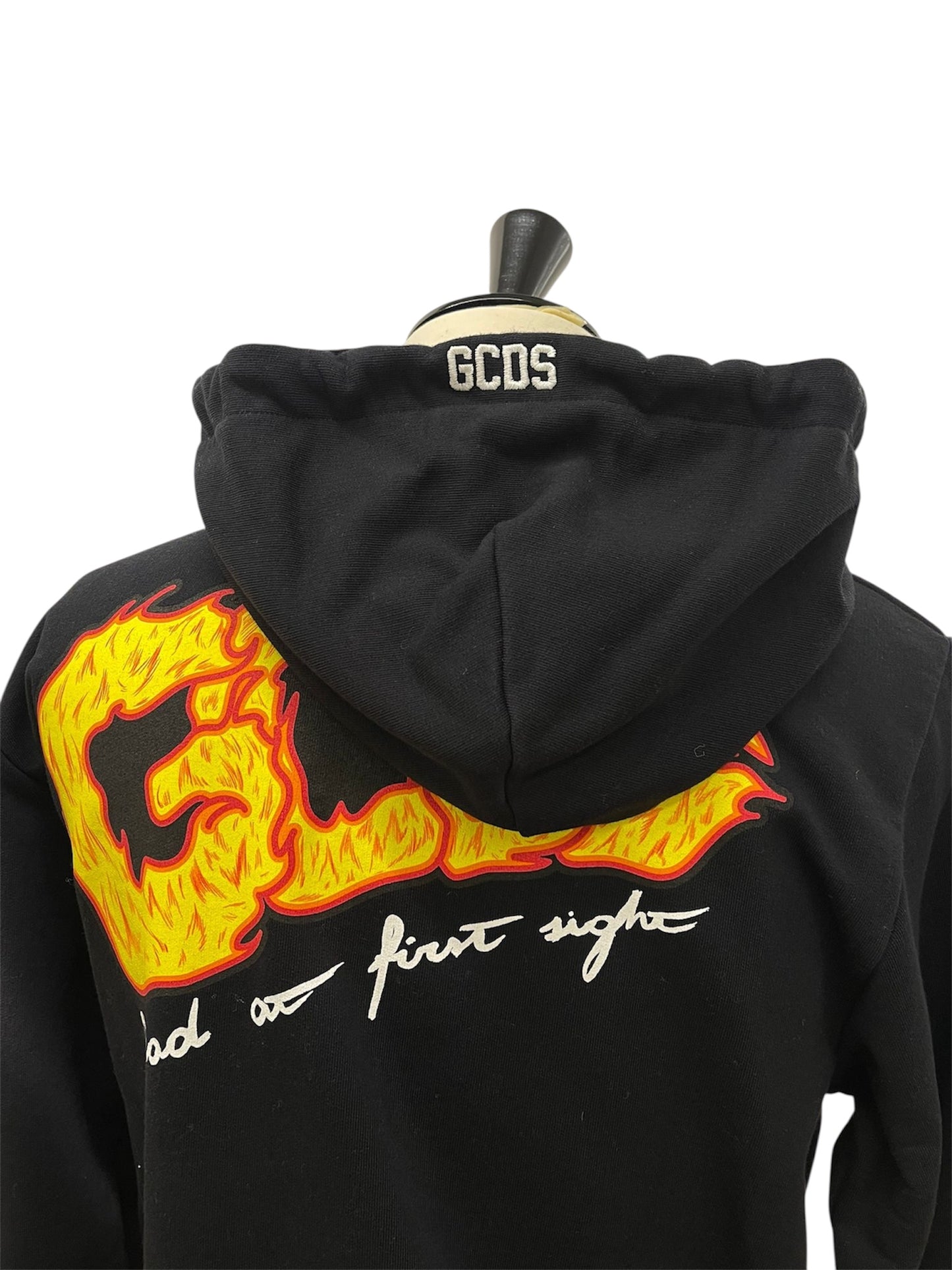 GCDS Felpa Hoodie Nera con Grafica Floreale e Logo Flame