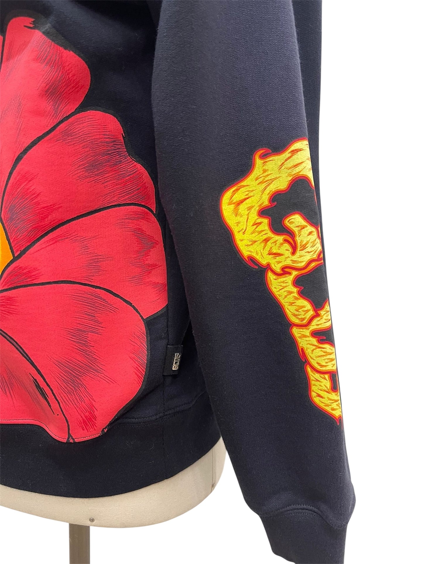 GCDS Felpa Hoodie Nera con Grafica Floreale e Logo Flame