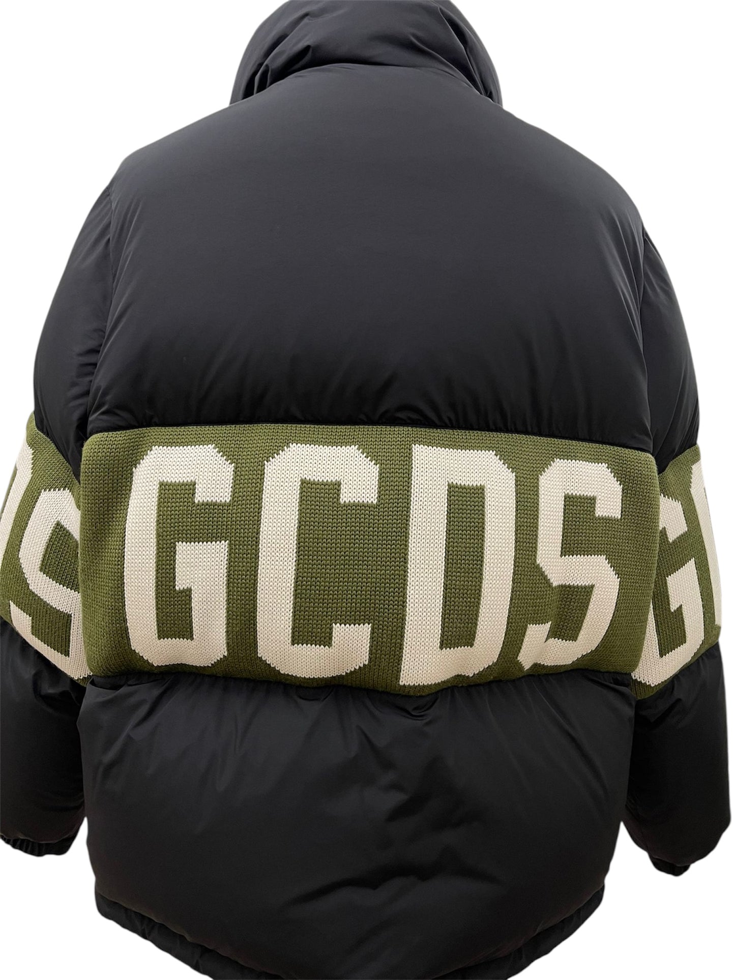 GCDS Piumino nero con fascia logo verde
