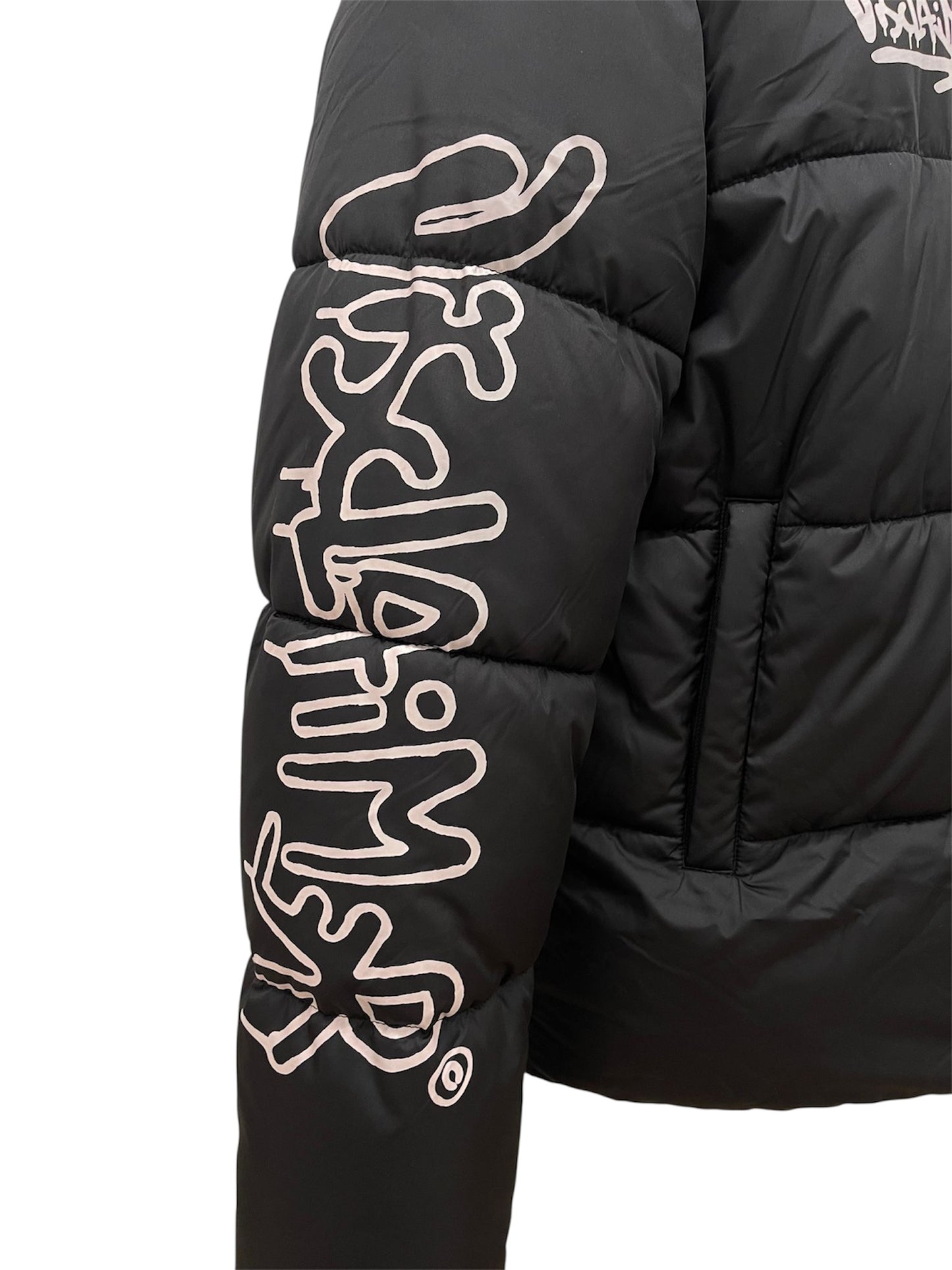 Disclaimer Piumino nero con stampa montagna