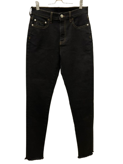 GCDS Jeans Neri Slim con Logo Patch e Cuciture a Contrasto